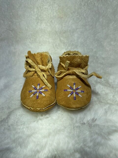 Pearl & Purple Beaded Star Baby Moccasins, Size 3